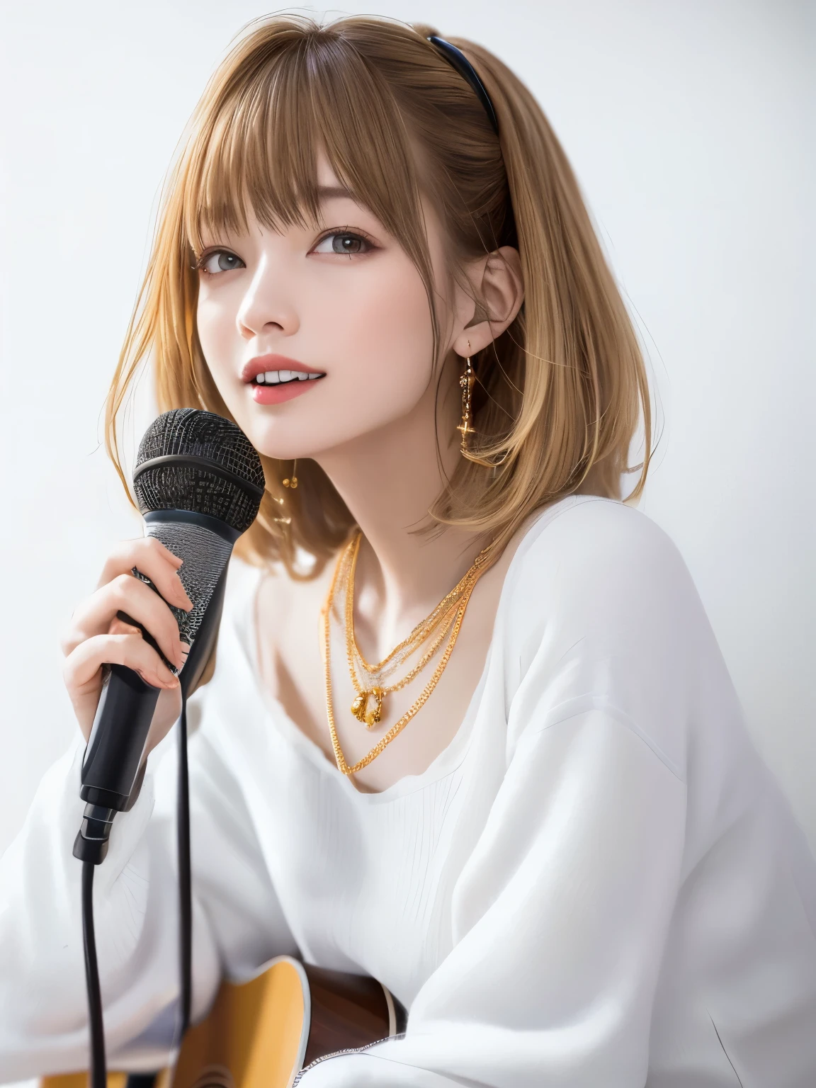 wearing a stylish dress、heart shaped necklace、beautiful woman、blonde、Girly hairstyle、Singing、playing the guitar、(((The background is a pure white wall)))、I&#39;m smiling、