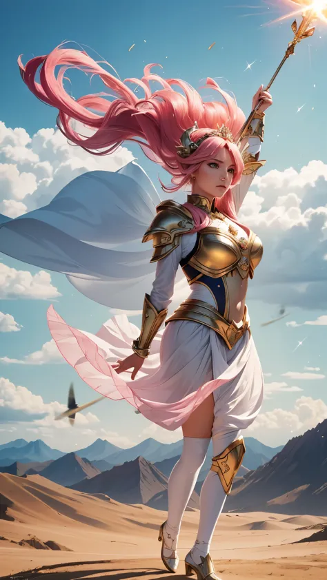 (highres:1.2),armored alien princess,pink hair,wind-based powers,strong winds,hovering above the ground,flowing skirt,blowing in...