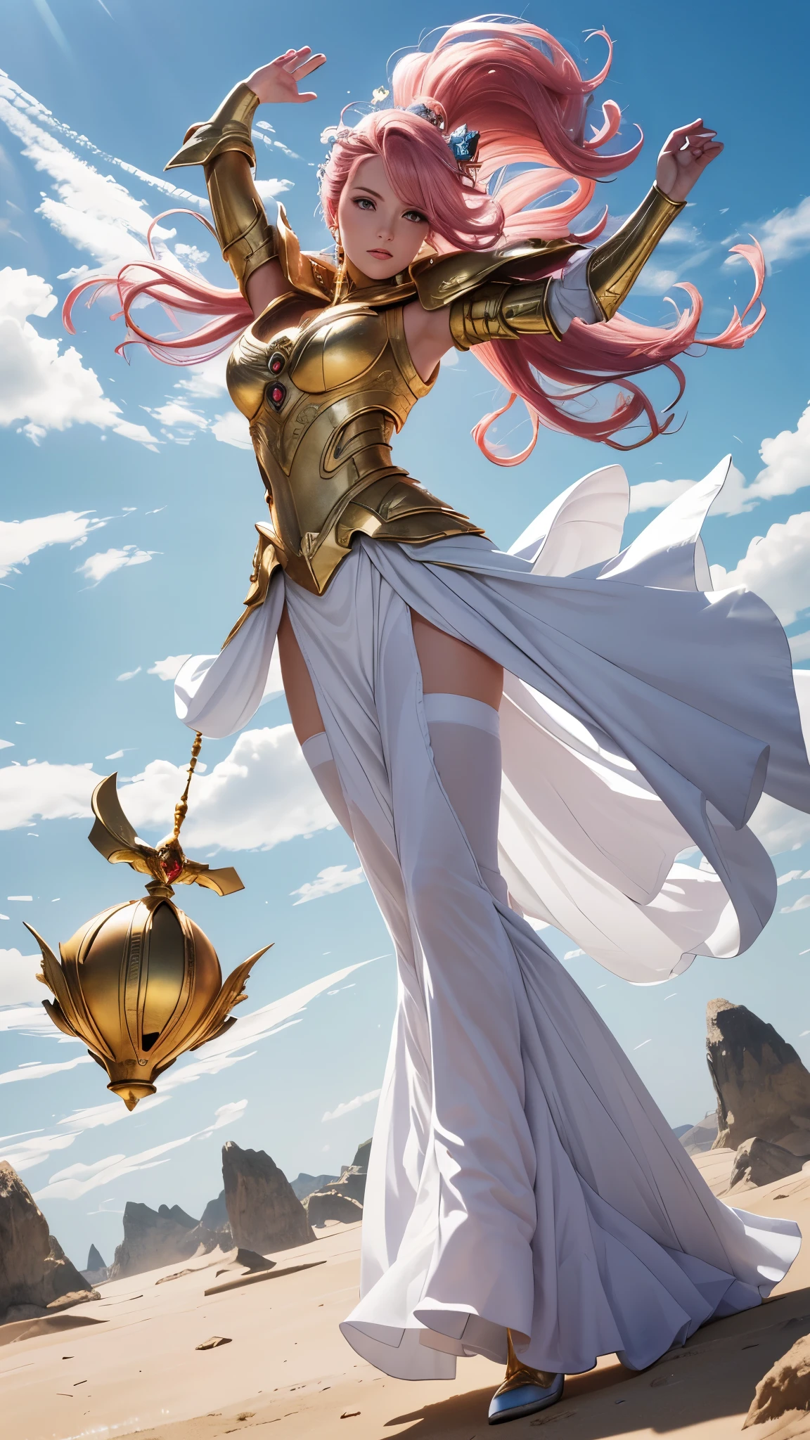 (highres:1.2),Armored Alien Princess,pink hair,wind-based powers,strong winds,hovering above the ground,flowing skirt,blowing in the wind,regal aura,ethereal beauty,sparkling eyes,long eyelashes,floating gracefully,alien technology,intricate armor,detailed helmet,golden accents,sci-fi style,glowing energy,commanding presence,celestial glow,vivid colors,royal insignia,captivating gaze,crown on head,wind manipulation,flight,graceful movements,majestic landscape,floating islands,clouds in vibrant hues,gentle breeze,air currents,sparkling particles in the wind,light rays illuminating the princess,ethereal lighting,cosmic background,otherworldly atmosphere