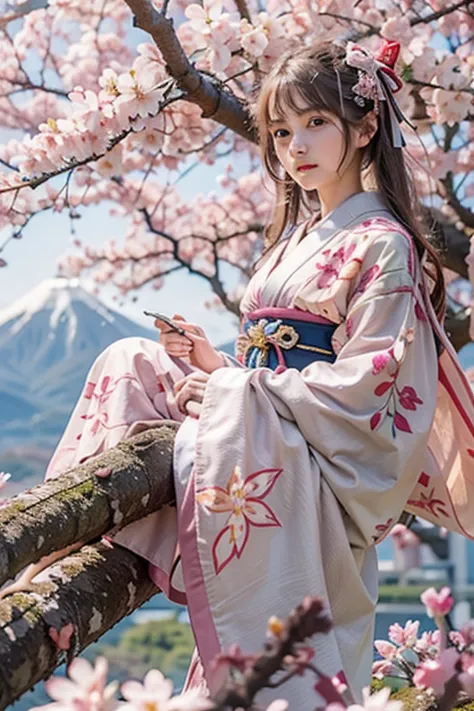 １girl、16 years old、shrine maiden&#39;s attire、climbing a cherry tree、sitting on a branch、anatomically correct、cherry blossom vie...