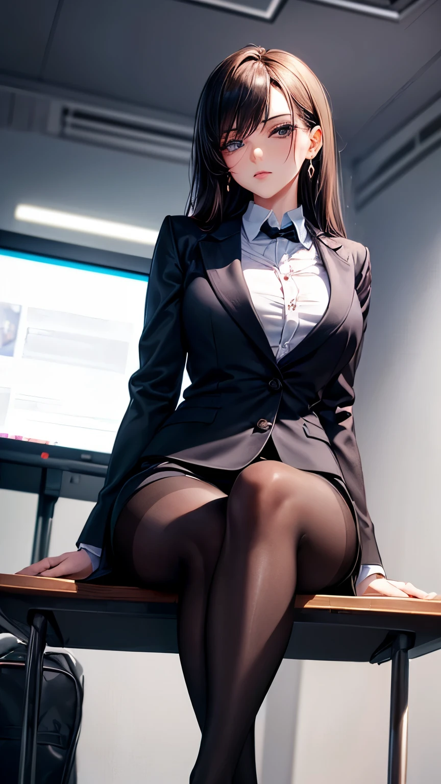 (Masterpiece), ((Best quality)), (Masterpiece,Best quality,offcial art,Extremely detailed Cg Unity 8K wallpaper), (the most Noble and beautiful), (Highly educated woman),Beauty photo, A lady，solo,(Elegant upper-class super elite secretary in a business shirt),Perfect look，Double eyelid eyes，Delicate makeup， working in an office,wearing a strict business suit, (Wear pantyhose),Wear high-end heels,Girl in shirt, dressed in a suit, huge tit,full bodyesbian,dressed in a suit, dressed in a suit, merchant, Business clothes, wearing black suits, Wear a shirt and skirt, Woman in a suit, Business attire，Computer chair，Seated，Erlang legs，high-heels，view the viewer，brightly，Complicated details，foot focus,from below,cool beauty,(tall girl),Dark brown hair, Small piercings,Precisely expresses details such as face and skin texture,(the most beautiful face and eye), double eyelid,delicate skin,slender body shape,alone,medium breasts,(Wearing the most beautiful and noble small earrings), (Visible to the viewer at the bottom:1.8), (Contemptuous gaze:1.5)