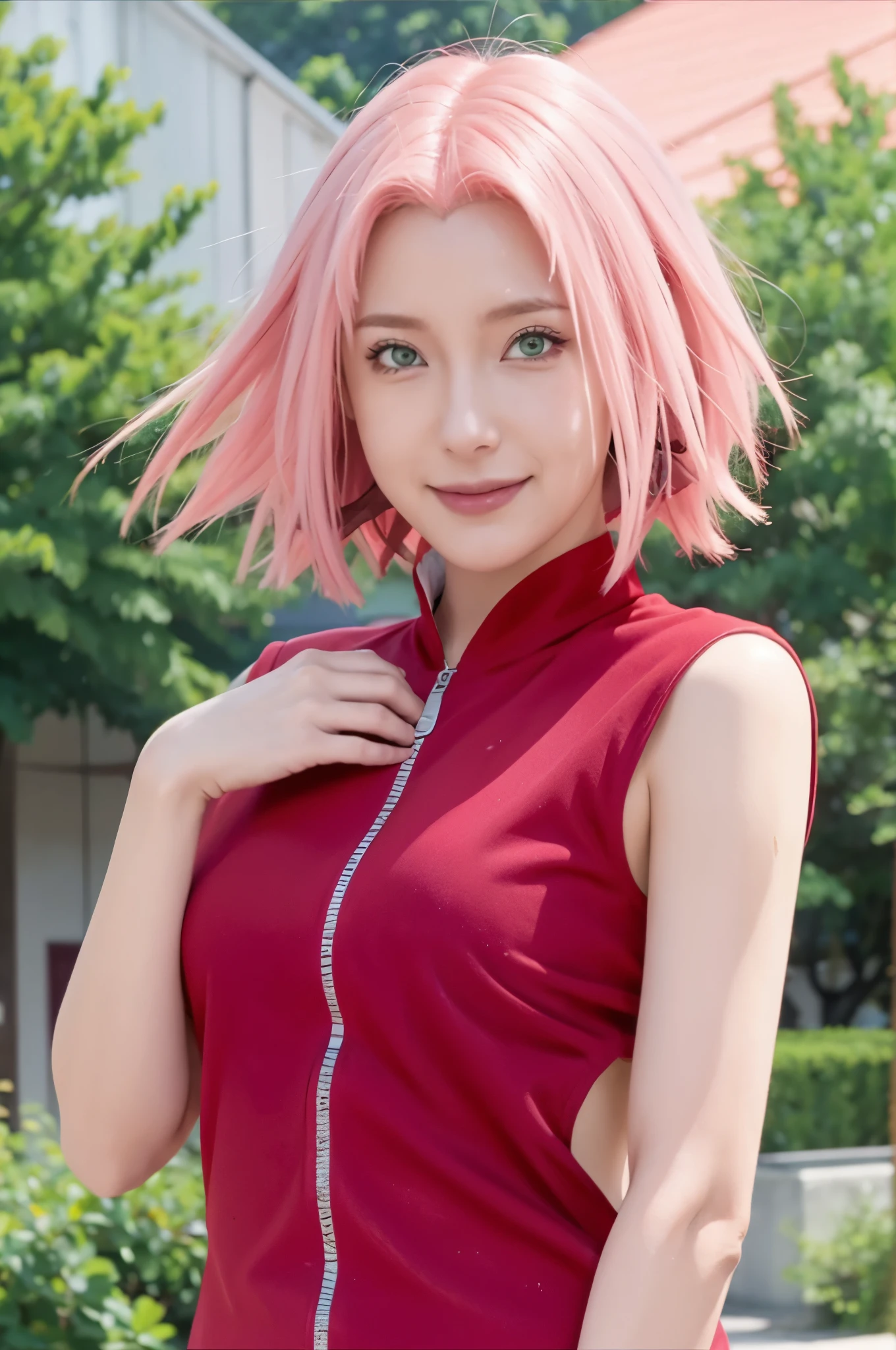 1female, haruno sakura in anime naruto shippuden, short hair , pink hair, green eyes, smile, beautiful, red clothes, realistic clothes, detail clothes, city background, ultra detail, realistic