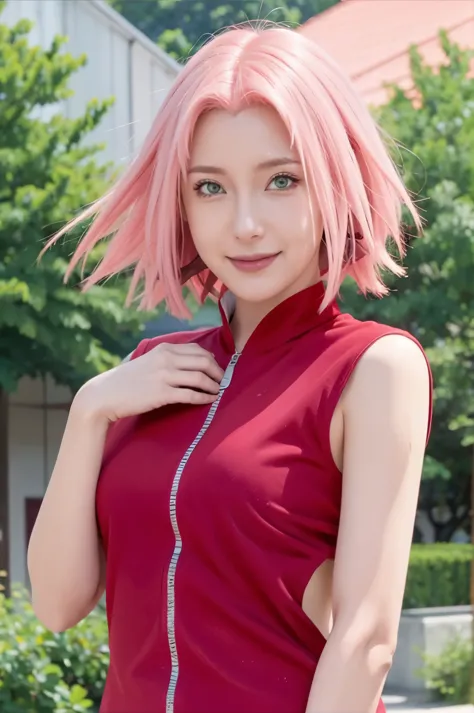1female, haruno sakura in anime naruto shippuden, short hair , pink hair, green eyes, smile, beautiful, red clothes, realistic c...