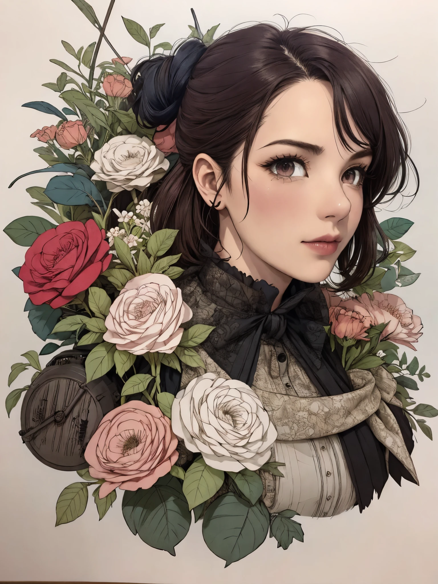 Charlie Bowater dessine des portraits féminins réalistes en lithographie。, fleurs, [engrenage], tuyau, punk diesel, Rubans multicolores, Texture du vieux papier, très détaillé