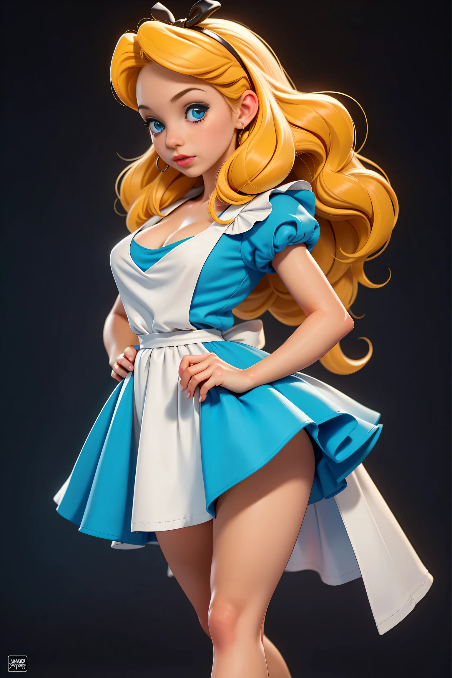 masterpiece, 1girl, solo, make her a sexy Alice in Wonderland with blonde hair, powder blue dress with white apron, white stockings, cleavage, dynamic, ultra high def, 32k, (perfect anatomy:1.5), perfect legs, in the style of Artgerm and Adam Hughes, perfect arms, downblouse