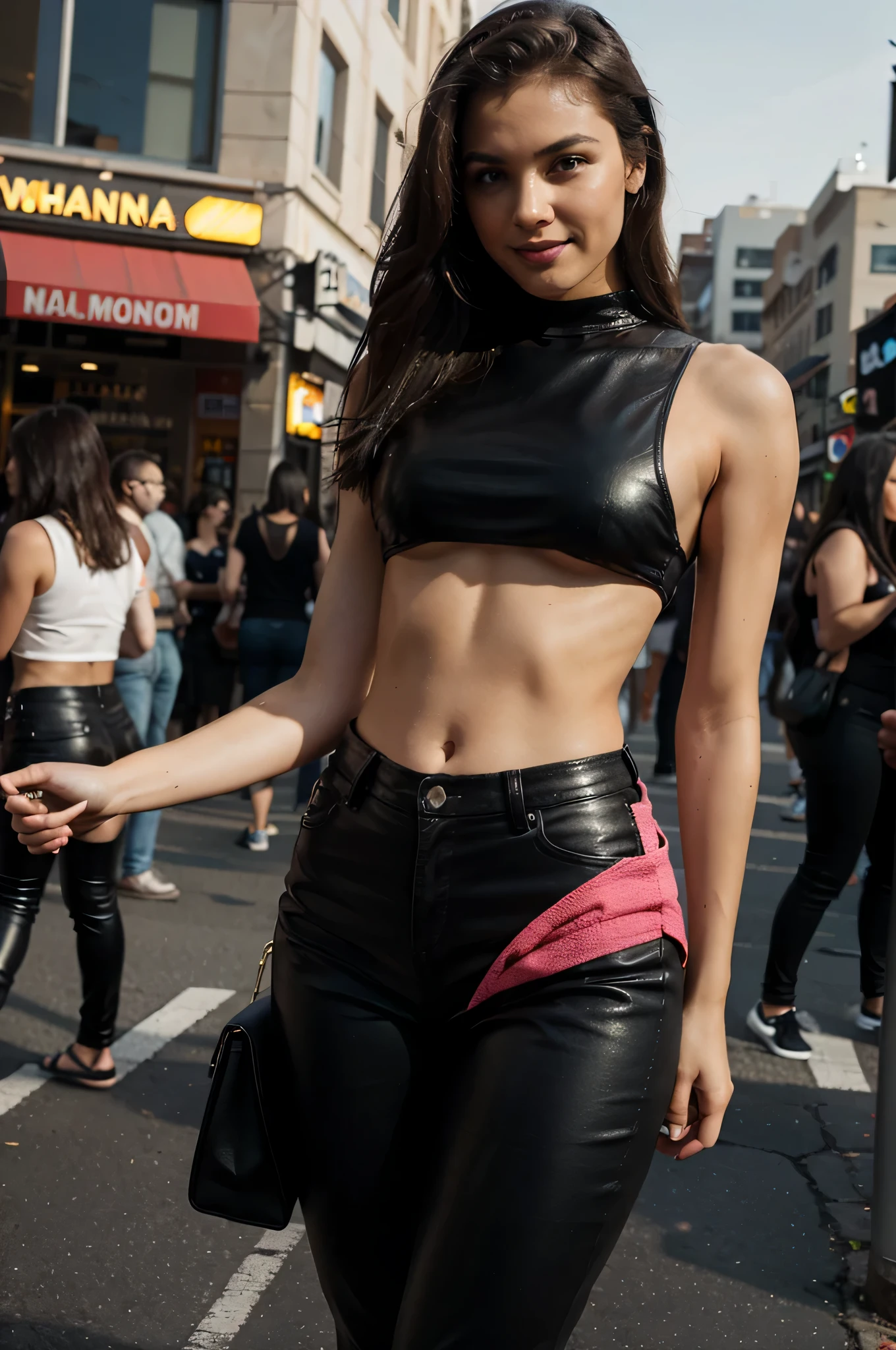 Araffe woman in black leather pants and a pink belt - SeaArt AI