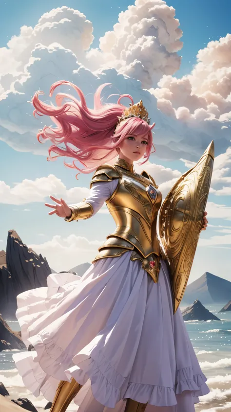 (highres:1.2),armored alien princess,pink hair,wind-based powers,strong winds,hovering above the ground,flowing skirt,blowing in...