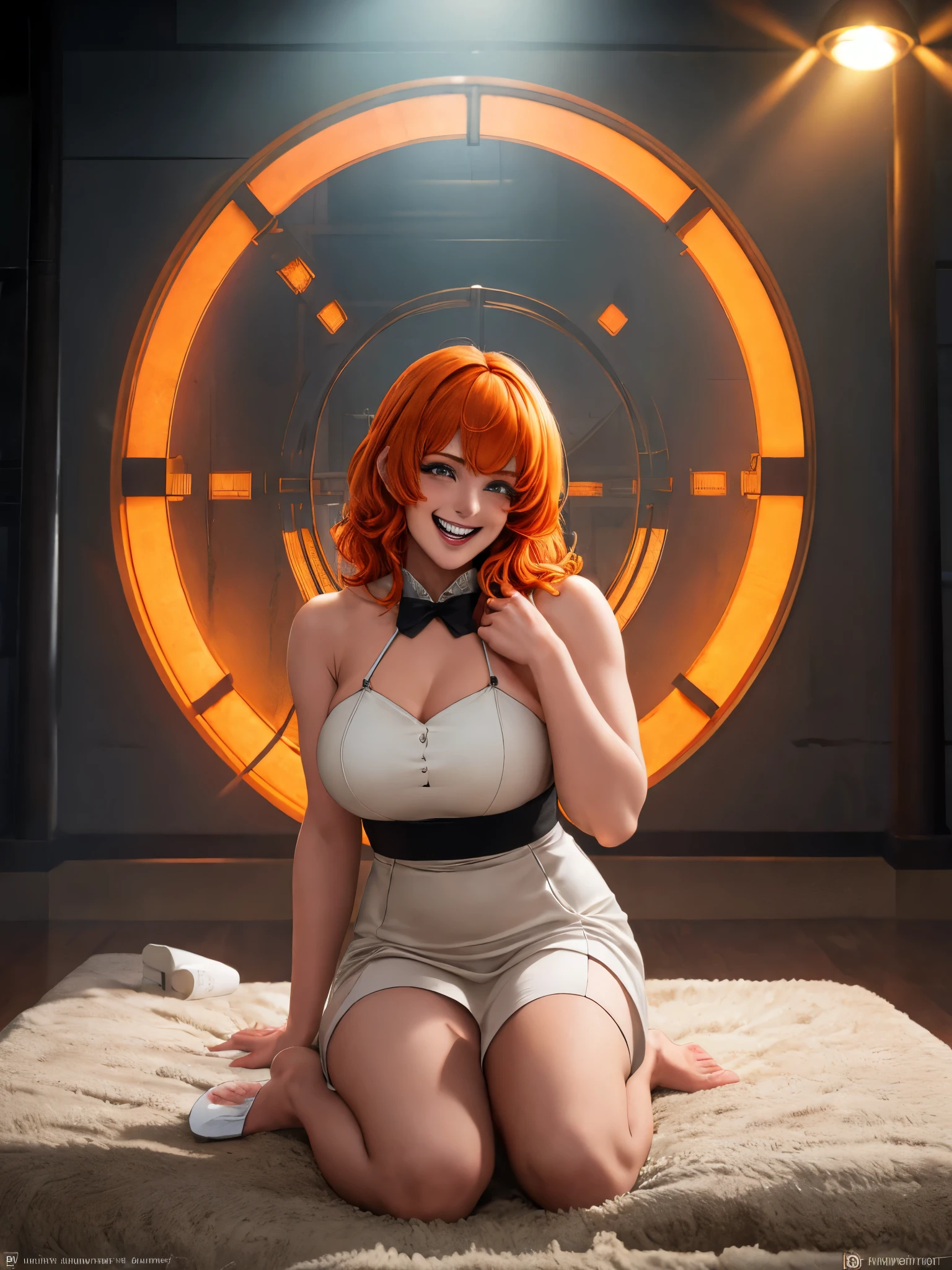 (masterpiece:1.4), (highest quality:1.4), fantasy, extremely be familiar with, Complex, hyper be familiar with, figure,soft lighting, 1 girl, orange hair_flower, dress, bend_that&#39;s all , grin and laugh, (perfection_face), sitting, machine, Brilliant, Complex, dramatic lighting, 4k, be familiar with_background, caustics, full_body, Digital_figure, from_~ side 