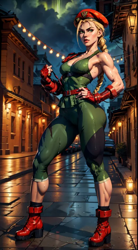 Best Quality, Masterpiece, Ultra High Resolution, rembrandt Lighting, night time, background dark, cammy street fighter, attractive, long blonde braided hair, wearing small red army beret hat, sexy singlet vibrant green outfit, wearing red combat gloves, c...