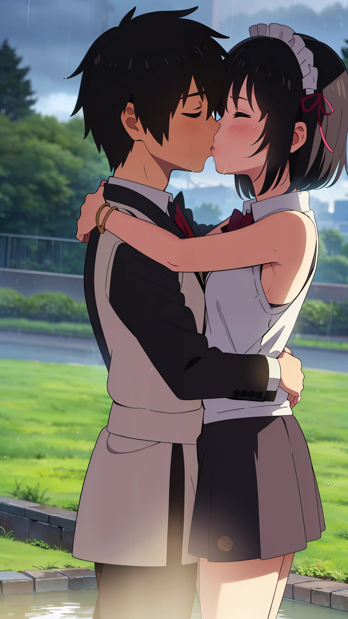 Anime couple kissing in front of a green field with trees - SeaArt AI