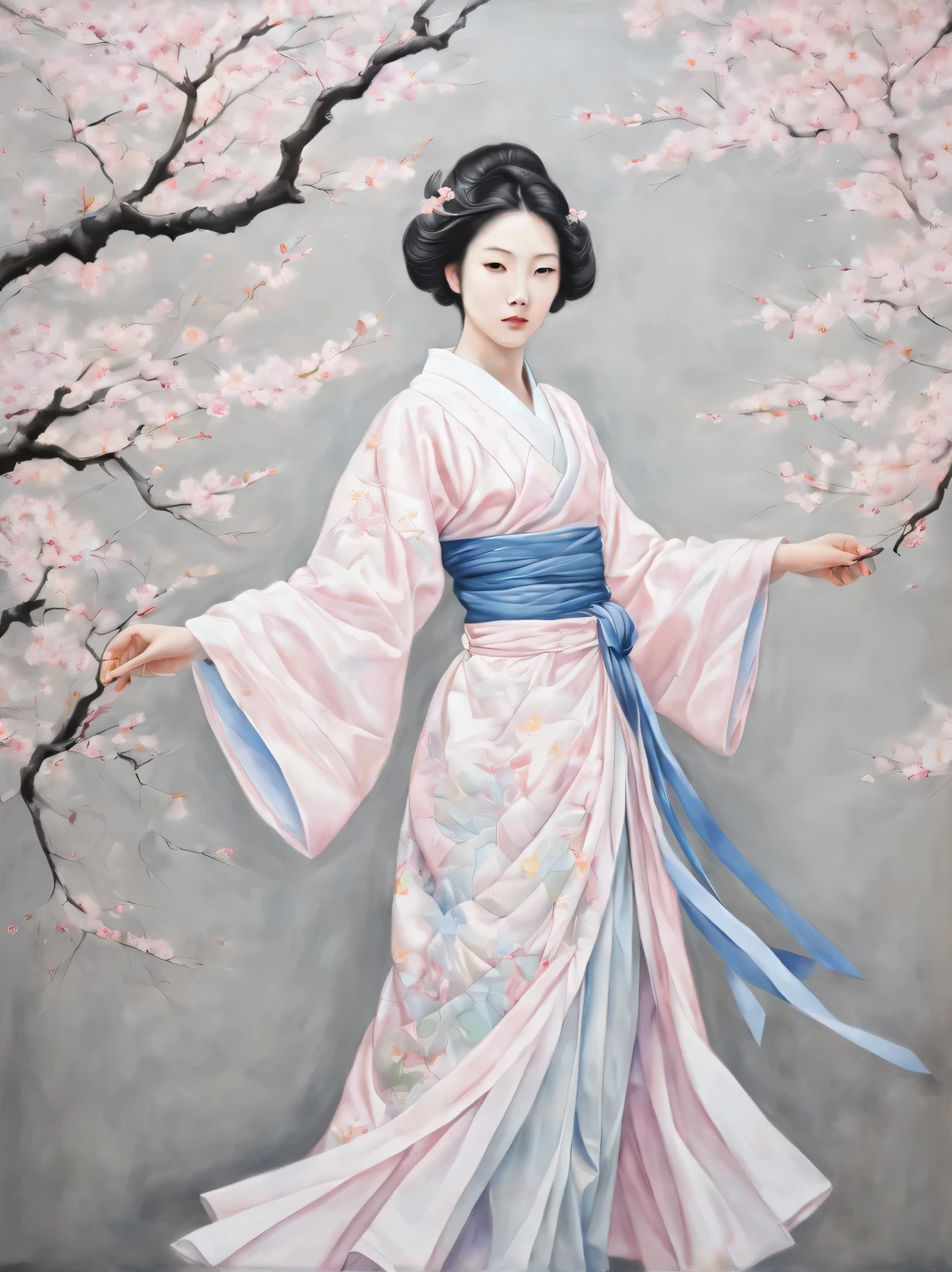 Sakura Girl, very beautiful picture, combining various drawing techniques, Ultra-fine lines and crisp details create the illusion of a three-dimensional image, and the play of light and shadow creates a feeling of living space in the picture, made in oil and acrylic., drawn with pastel and graphite, Masterpiece, Master&#39;s work