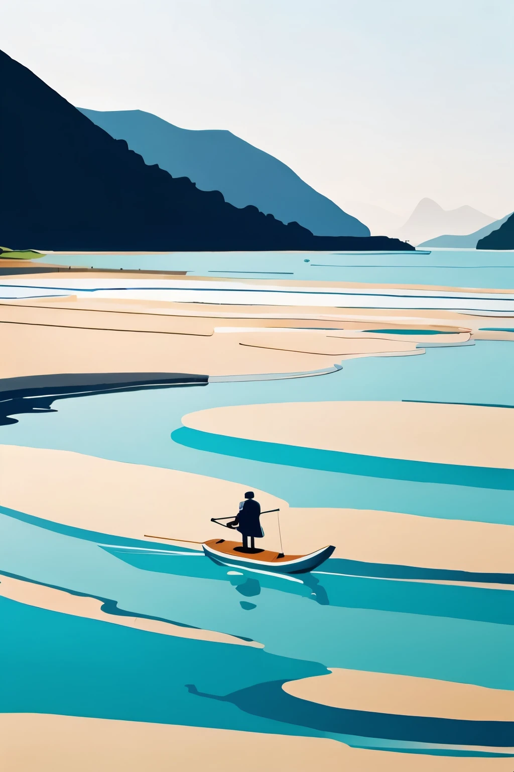 1 Man on the water，minimalist，illustration style，Colorful