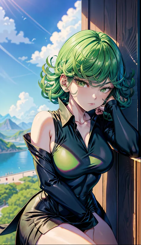 anime girl with green hair and black dress, an anime drawing by Shitao, pixiv, fantasy art, top rated on pixiv, at pixiv, tatsum...