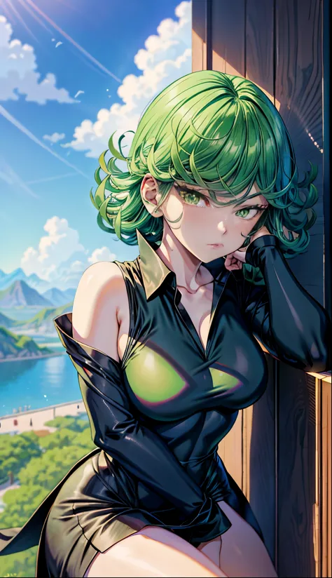 anime girl with green hair and black dress, an anime drawing by shitao, pixiv, fantasy art, top rated on pixiv, at pixiv, tatsum...