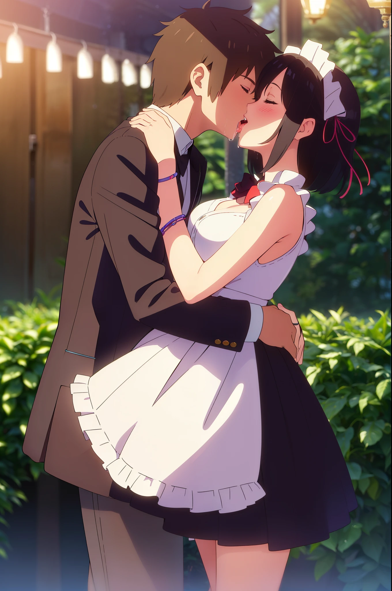 Anime couple kissing in front of a bushy garden - SeaArt AI