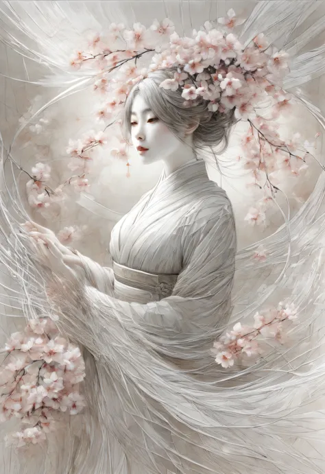 Sakura Girl, very beautiful picture, combining various drawing techniques, Ultra-fine lines and crisp details create the illusio...
