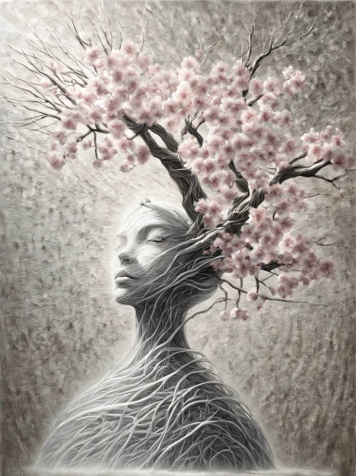Sakura Girl, very beautiful picture, combining various drawing techniques, Ultra-fine lines and crisp details create the illusion of a three-dimensional image, and the play of light and shadow creates a feeling of living space in the picture, made in oil and acrylic., drawn with pastel and graphite, Masterpiece, Master&#39;s work