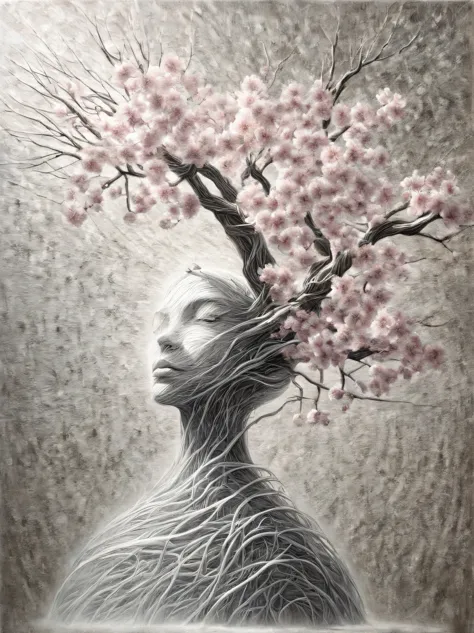 modern Art, Vanguard, surrealism, connecting the incongruous, a blooming sakura tree intricately intertwines its branches and fo...