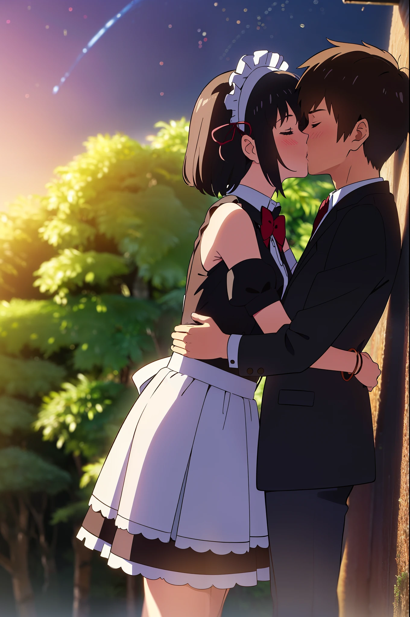 Anime couple kissing in the rain - SeaArt AI