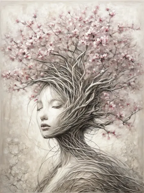 modern Art, Vanguard, surrealism, connecting the incongruous, a blooming sakura tree intricately intertwines its branches and fo...