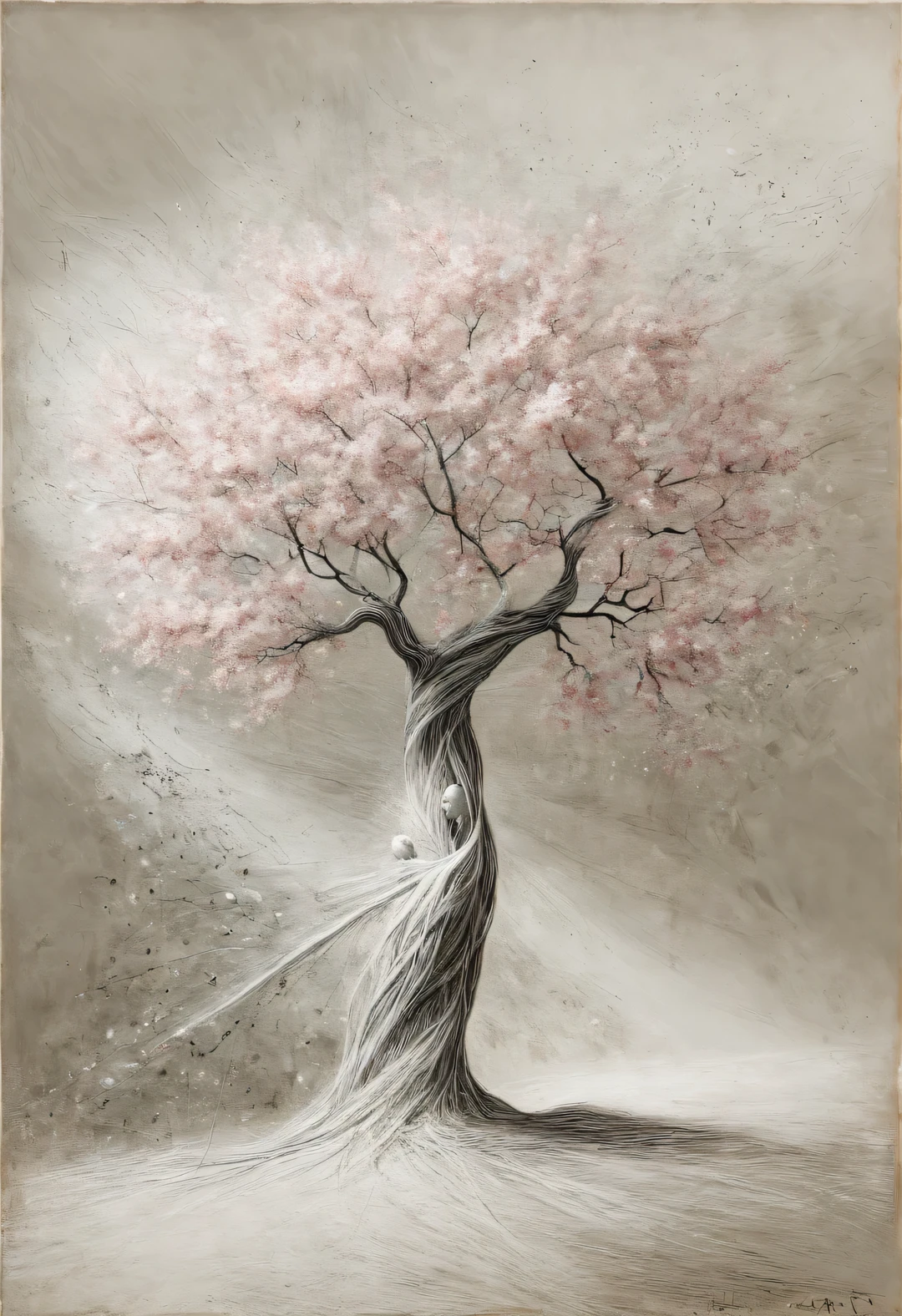 modern Art, Vanguard, surrealism, connecting the incongruous, a blooming sakura tree intricately intertwines its branches and forms a distinct image (Sakura Girl:1.3050), very beautiful picture, combining various drawing techniques, Ultra-fine lines and crisp details create the illusion of a three-dimensional image, and the play of light and shadow creates a feeling of living space in the picture, lighting from different sides creates additional illusions, shadows create the illusion of a double image, the interweaving of fine lines creates unimaginable depth and a feeling of endless space, made in oil and acrylic in combination with pastel and graphite., drawing on rough crumpled craft paper, Do it, Bridget Bate Tichenor, Gertrude Abercrombie, Joan Miro, Masterpiece, Master&#39;s work, worthy of an award