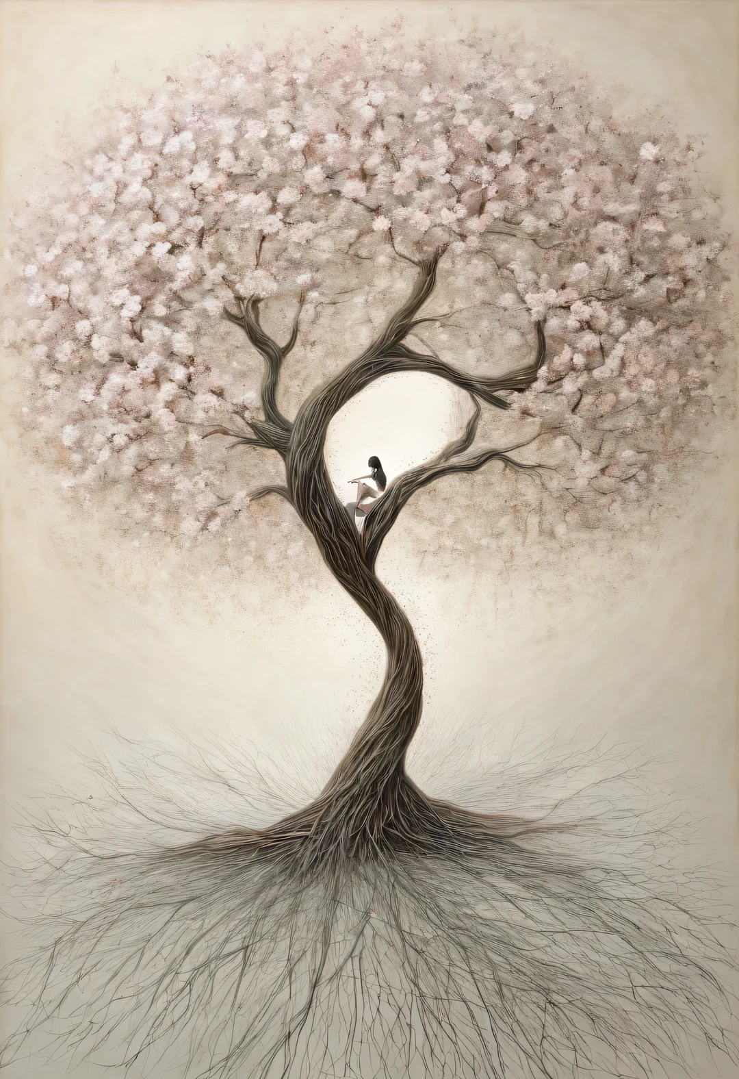 modern Art, Vanguard, surrealism, connecting the incongruous, a blooming sakura tree intricately intertwines its branches and forms a distinct image (Sakura Girl:1.3050), very beautiful picture, combining various drawing techniques, Ultra-fine lines and crisp details create the illusion of a three-dimensional image, and the play of light and shadow creates a feeling of living space in the picture, lighting from different sides creates additional illusions, shadows create the illusion of a double image, the interweaving of fine lines creates unimaginable depth and a feeling of endless space, made in oil and acrylic in combination with pastel and graphite., drawing on rough crumpled craft paper, Do it, Bridget Bate Tichenor, Gertrude Abercrombie, Joan Miro, Masterpiece, Master&#39;s work, worthy of an award