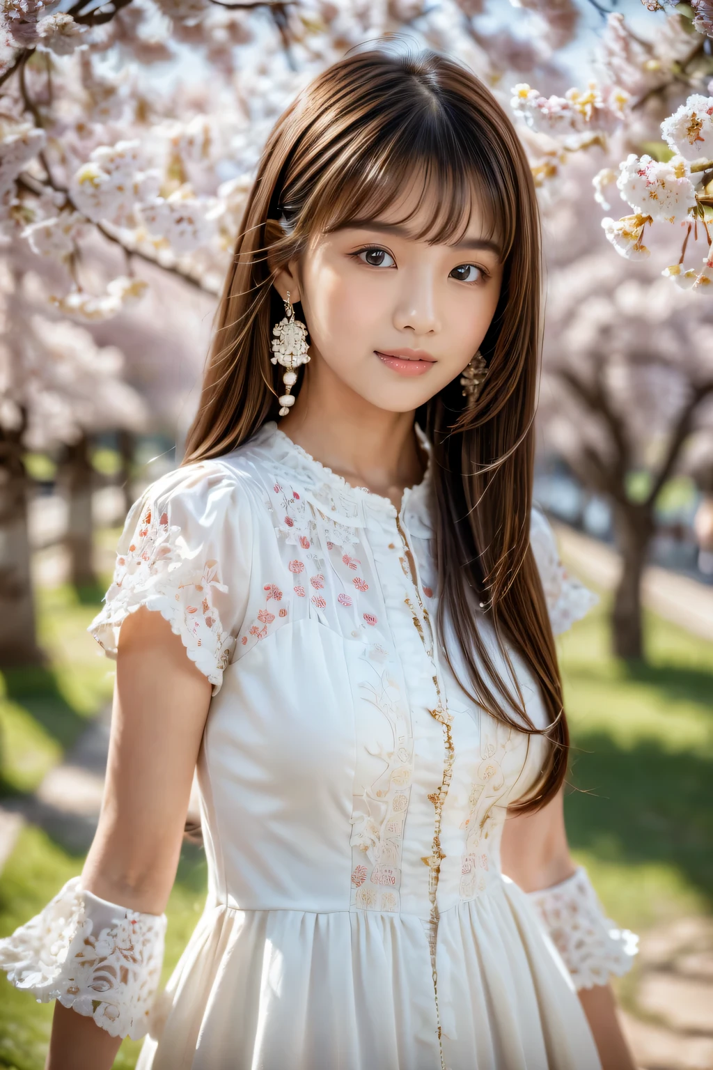 (masterpiece:1.3), (8k), (highest quality:1.4), (Hmm:1.2), (realistic:1.3), (RAW photo), (1 girl), (ultra high resolution), (detailed face), perfect beautiful and cute face, (fine hair), medium long straight brown hair, beautiful hair, bangs, (symmetrical eyes:1.3), (fine eyes), (fine skin), realistic skin, shiny skin, ultra high resolution, (medium breasts), (slim body shape), (super model figures), 20 years, cute japanese girl, 

(wearing high fashion, white cutwork dress, cherry blossom hair ornament, earrings), (Under the cherry blossom tree in full bloom:1.3), cowboy shot