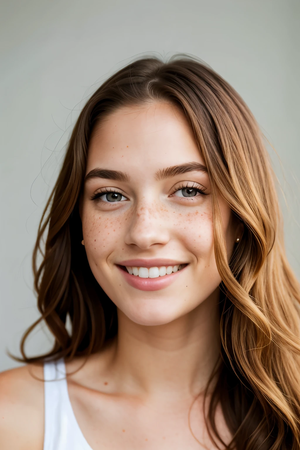 A woman with long brown hair and freckled skin smiling - SeaArt AI