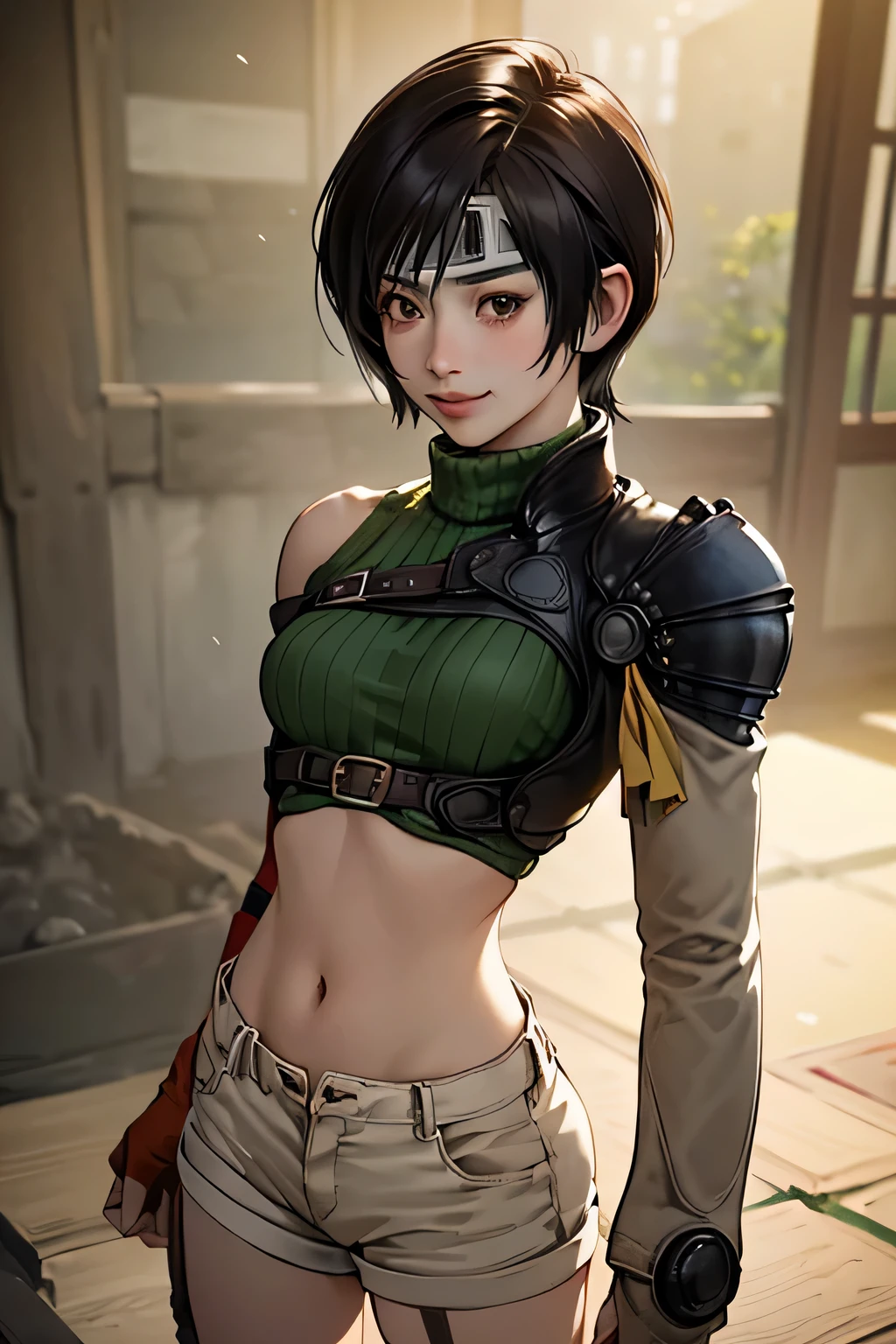 (masterpiece, best quality:1.4), ((1girl)), solo, (european youth:1), ((Yuffie Kisaragi)), ((16 years old)), short hair, , headband, sleeveless turtleneck, shoulder armor, armguard, fingerless gloves, tan shorts, single thighhigh, fishnets, high detailed skin, dslr, soft lighting, high quality, highly detailed face, highly detailed skin, skin pores, subsurface scattering, realistic pupils, medium breast, full face blush, full lips, detailed background, depth of field, volumetric lighting, sharp focus, absurdres, realistic proportions, good anatomy, ((cowboy shot)), ((looking at viewer)), ((light smile)), (realistic, hyperrealistic:1.4), 16k hdr,, from above, traditional japanese architecture