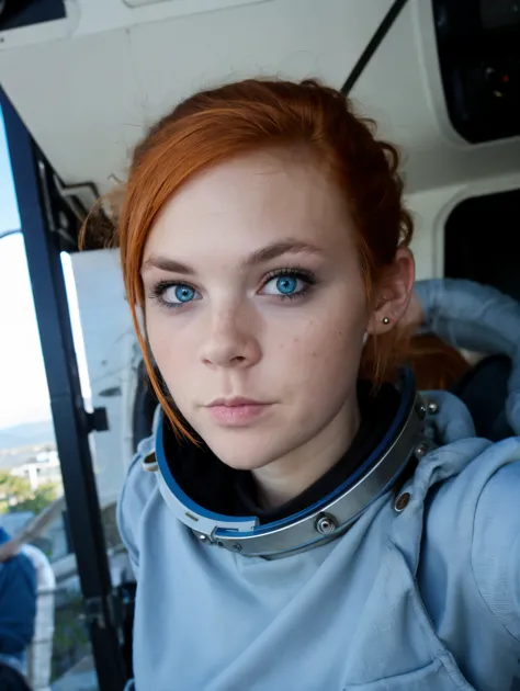 Beth, photo of a ginger woman, in space, futuristic space suit, (freckles:0.8) cute face, sci-fi, dystopian, detailed eyes, blue...