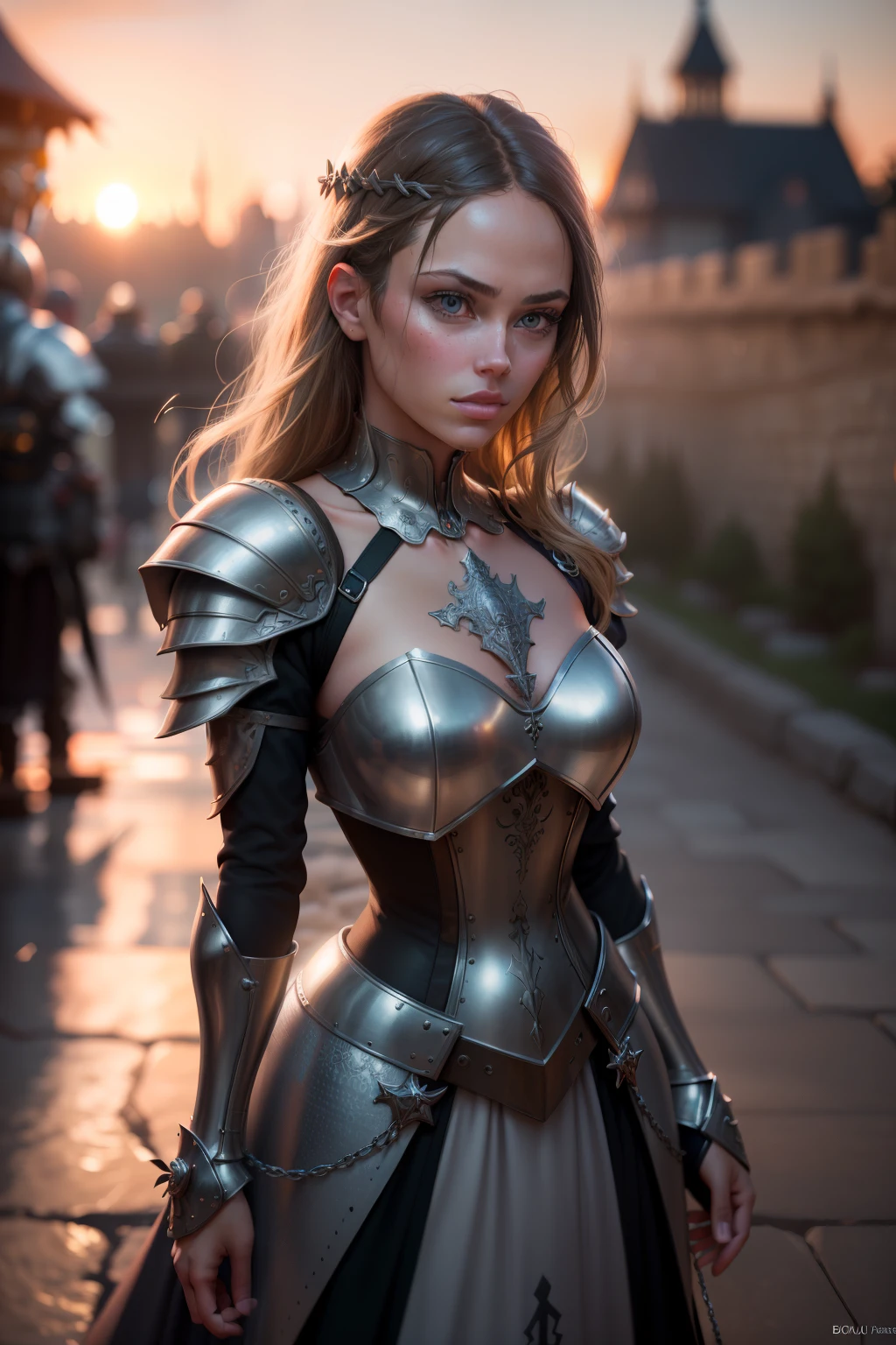 (masterpiece), (extremely intricate:1.3), (realistic), portrait of a girl, the most beautiful in the world, (medieval armor), metal reflections, upper body, outdoors, intense sunlight, far away castle, professional photograph of a stunning woman detailed, sharp focus, dramatic, award winning, cinematic lighting, octane render  unreal engine,  volumetrics dtx, (film grain, blurry background, blurry foreground, bokeh, depth of field, sunset, motion blur:1.3), chainmail