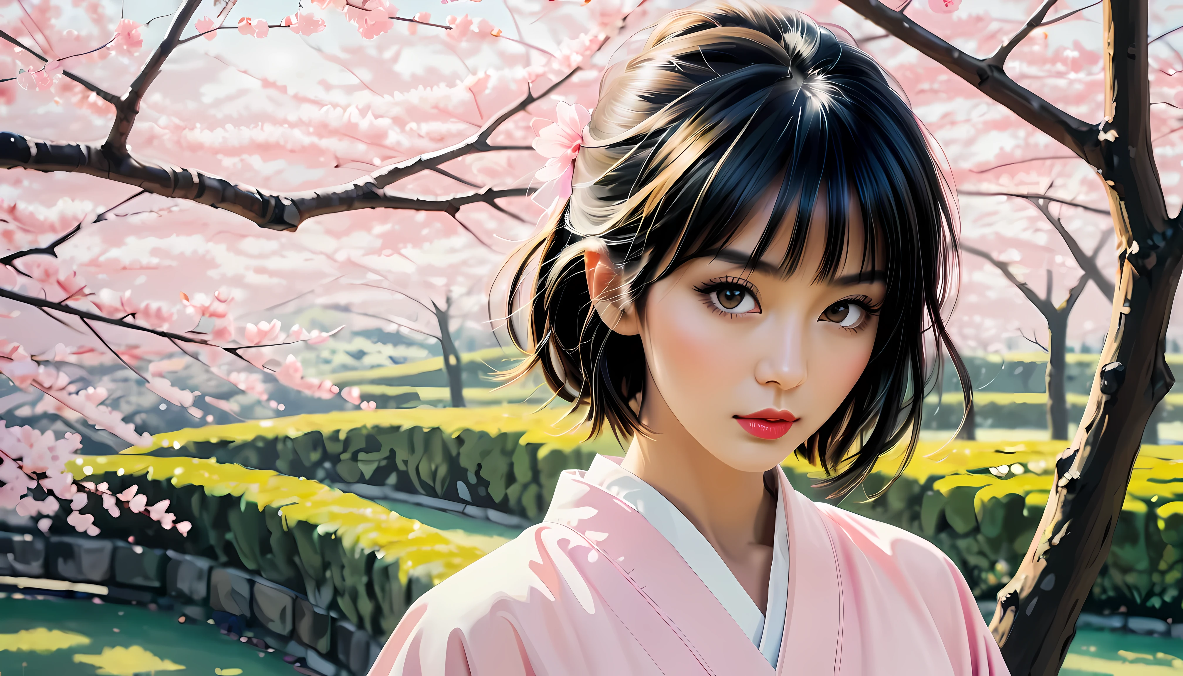 ((Close Up):1.2), Outline with black ink, smooth lines; Express expressions and postures through ink contrast, The background is a sakura garden. emphasize light, shadow and space. Drawing of Supermodel Japanese Beauty. Black hair, (messy bangs hairstyle), ((fresh)), golden ratio face, perfect face, (attractive body), (fashion model body), wearing maiden robe, fine art piece, figurative art, Dress neatly. sexy painting, Wallop | (best quality, 4K, 8k, high resolution,masterpiece:1.2), Super detailed,(actual, photoactual, photo-actual:1.37).