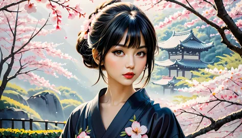 smooth lines; Express expressions and postures through ink contrast, The background is a sakura garden. emphasize light, shadow and space. Drawing of Supermodel Japanese Beauty. Black hair, (messy bangs hairstyle), ((fresh)), golden ratio face, perfect fac...