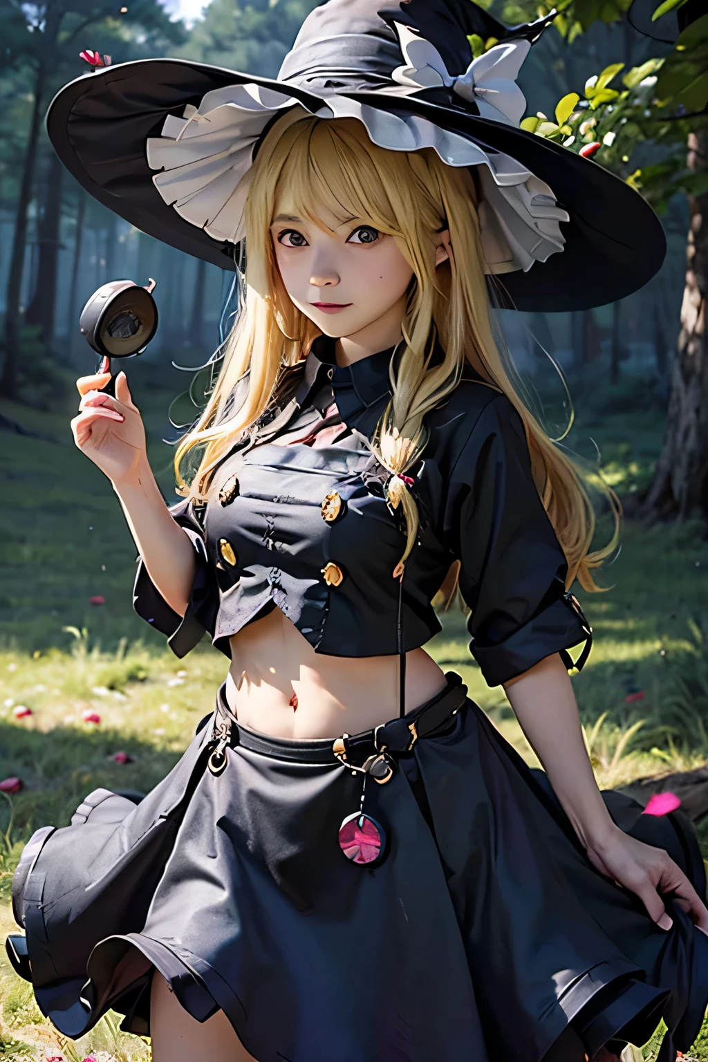 best quality、Raw photo (((1 female)))、1 girl、Marisa Drizzle、touhou project、(See here)、(((looking at viewer)))、(((bright blonde)))、(((Black Witch's Hat)))、(((open shirt)))、(((belly button)))、(((black skirt)))、forest、sunny