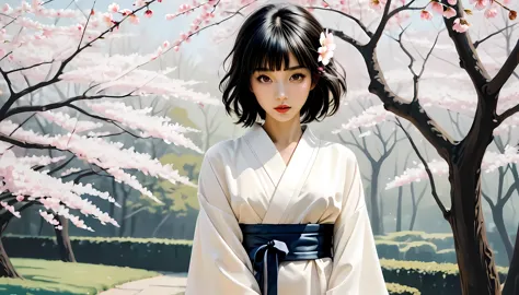 ((full body):1.2), smooth lines; Express expressions and postures through ink contrast, The background is a sakura garden. emphasize light, shadow and space. Drawing of Supermodel Japanese Beauty. Black hair, (messy bangs hairstyle), ((fresh)), golden rati...