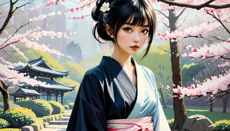 ((full body):1.2), smooth lines; Express expressions and postures through ink contrast, The background is a sakura garden. emphasize light, shadow and space. Drawing of Supermodel Japanese Beauty. Black hair, (messy bangs hairstyle), ((fresh)), golden rati...