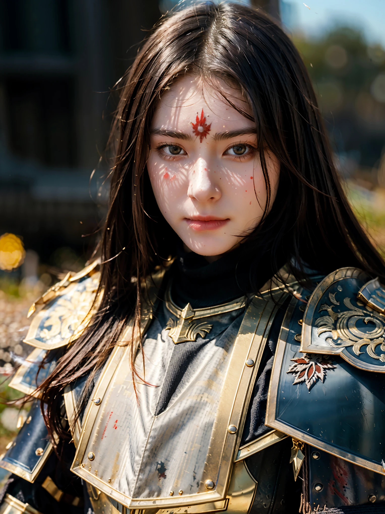 (((réaliste, chef-d&#39;œuvre, meilleure qualité, détail net, Haute définition, détail élevé, netteté))), Fille de 17 ans portant une armure lourde, armure dorée, armure de style japonais, armure complète, Armure décorée, cheveux longs et raides, sale, Transpiration, visage taché de sang, armure tachée de sang, sang dispersé, bain de sang, Carnage, longue épée tachée de sang, dans une guerre épique, Du feu et de la fumée partout, la mort n&#39;importe où