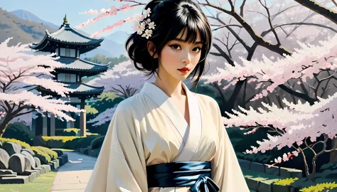 ((full body):1.2), smooth lines; Express expressions and postures through ink contrast, The background is a sakura garden. emphasize light, shadow and space. Drawing of Supermodel Japanese Beauty. Black hair, (messy bangs hairstyle), ((fresh)), golden rati...