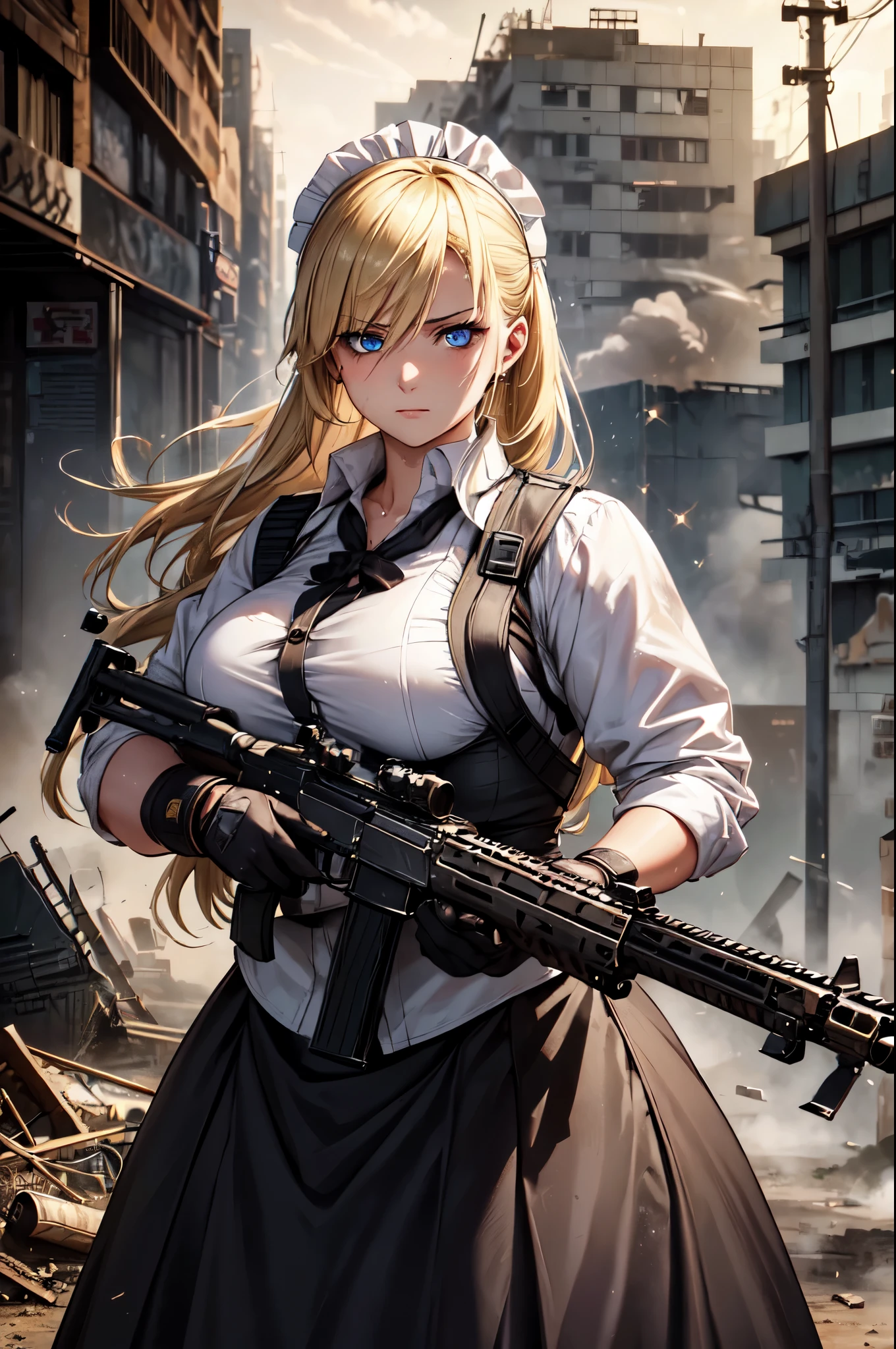 (High quality, High resolution, Fine details), A maid with assault rifle at the ready, long skirt, dystopian, smoke-filled background, post-apocalyptic, urban battleground, urban decay, combat-ready, solo, curvy women, blond hair, sparkling eyes, (Detailed eyes:1.2), Sweat, Oily skin, shallow depth of field
