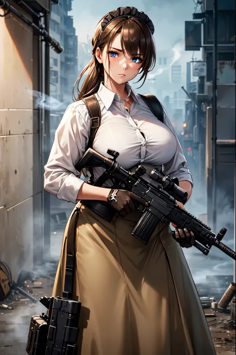 (High quality, High resolution, Fine details), A maid with assault rifle at the ready, long skirt, dystopian, smoke-filled background, post-apocalyptic, urban battleground, urban decay, combat-ready, solo, curvy women, light brown hair, sparkling eyes, (De...