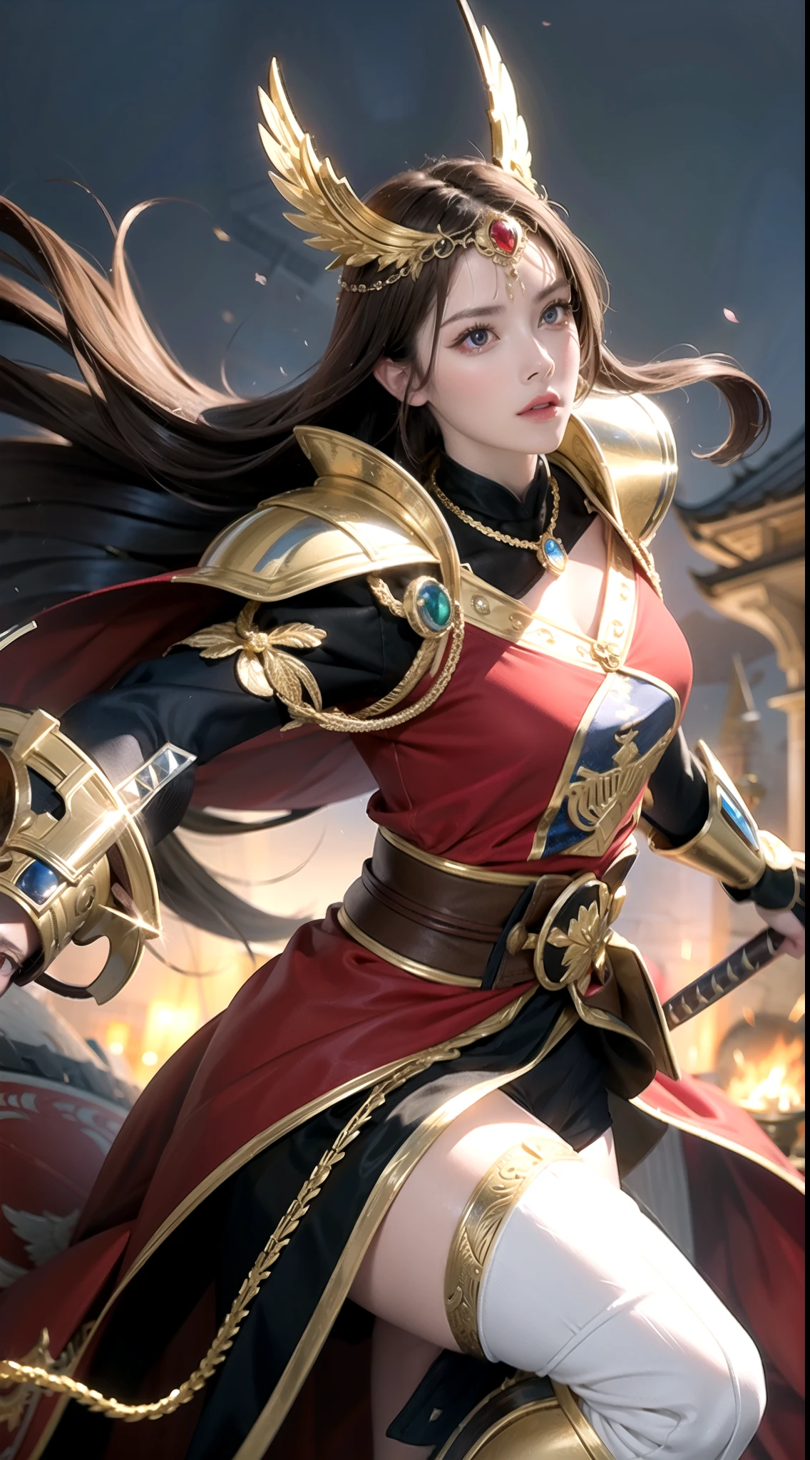 masterpiece,8k,super detailed,highest quality,battlefield,(background:warriors are fighting,Red Warrior,Green Warrior,jumping,hacka,slush),(midway point:queens are fighting,Blonde queen,amber heard,Black-haired queen,Park Bo-young,fighting pose),the lighting is dark and dark,exquisite golden armor,Exquisite golden crown,An elaborately carved silver sword,Exquisite Eagle Helmet.