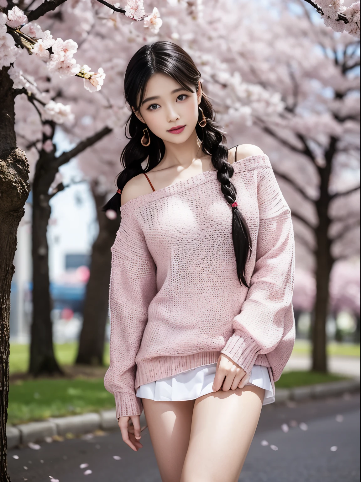 Sexy sweater，Eyes are very delicate，Beautiful girl with double braids，Under the cherry blossom trees，Sakura petals are flying all over the ground，Big ，Full body image