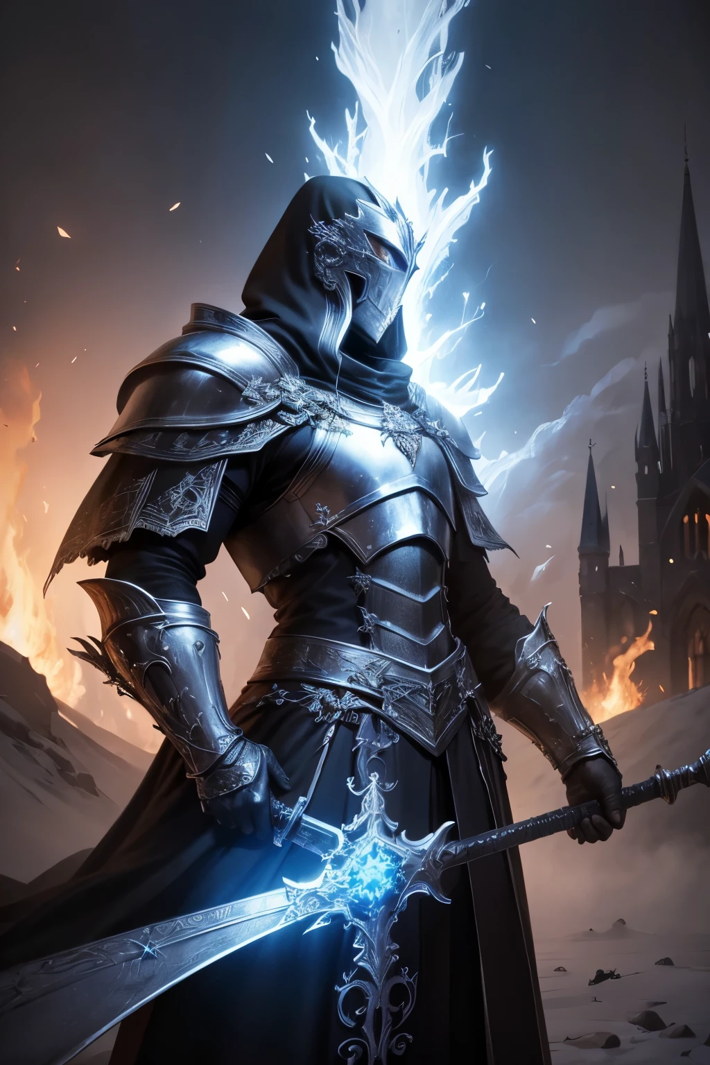 (best quality, highres), Pontiff Sulyvahn, boss, Dark Souls 3, dark fantasy, fantasy, character, intense, fierce, cold, fire and darkness, gothic, winter, icy, detailed armor, glowing eyes, dual swords, sinister aura, frozen landscape, surreal atmosphere, dramatic lighting