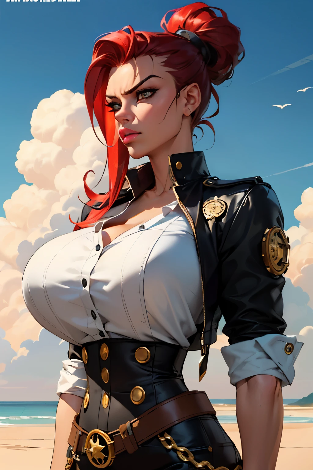 Girl with wavy red hair and rebellious, ((hair slicked back)), (angry eyes), ((dark circles around eyes)), golden eyes and tanned skin, Steampunk pirate style clothes, (gigantic breasts), background with clouds, realistic manhwa style.