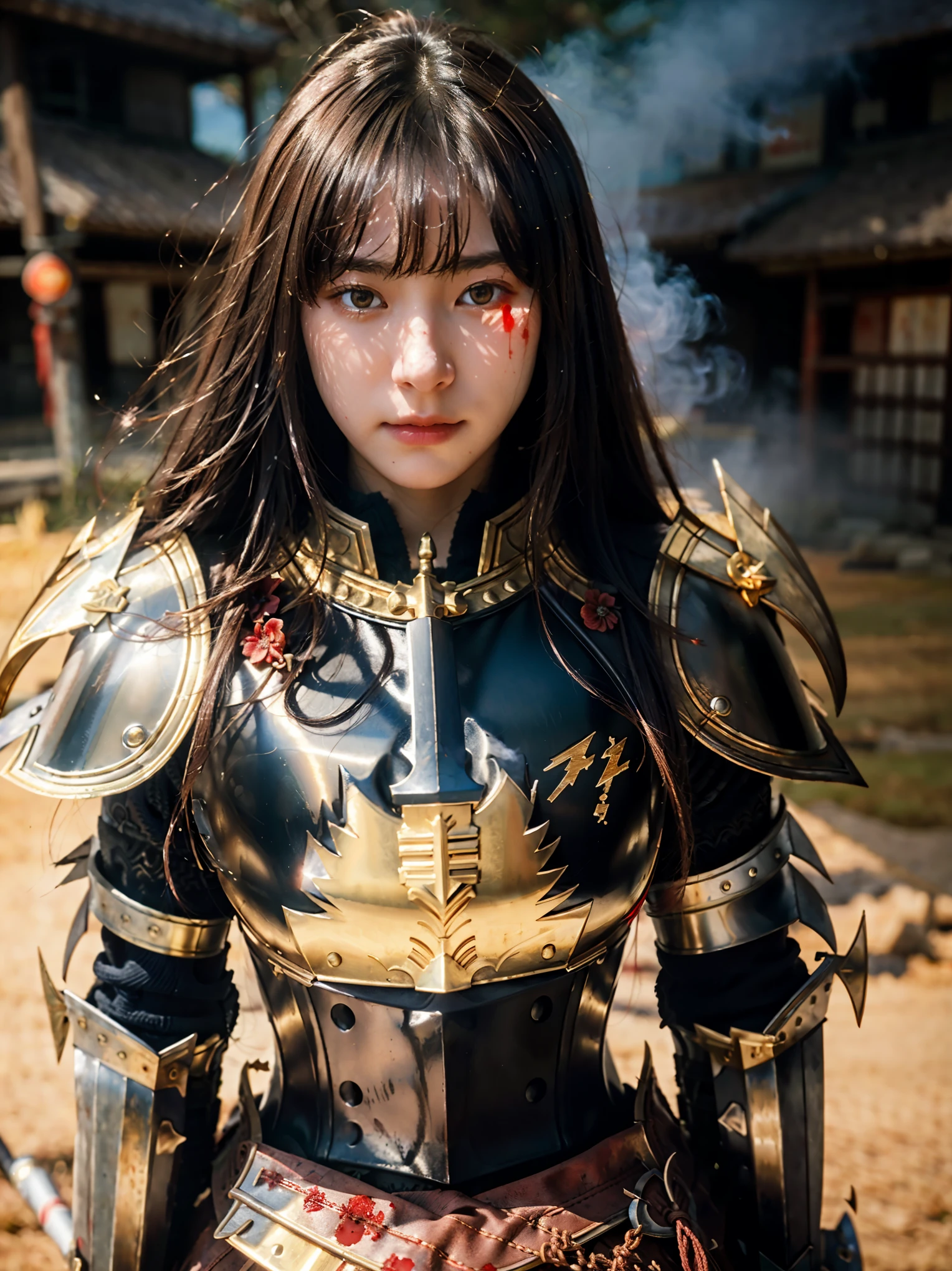(((Realistic, masterpiece, best quality, crisp detail, high definition, high detail, sharp focus, perfect studio lightning))), 17 years old girl wearing heavy golden armor, japan style armor, full body armor, full decorated armor, long straight hair, dirty, sweating, bloodstained face, blood scattered armor, bloodbath, fighting pose, showing long blood scattered sword, an epic war, fire everywhere, smoke everywhere, blood everywhere, death everywhere, sorrounded by enemies, japan edo period, brutal battle background