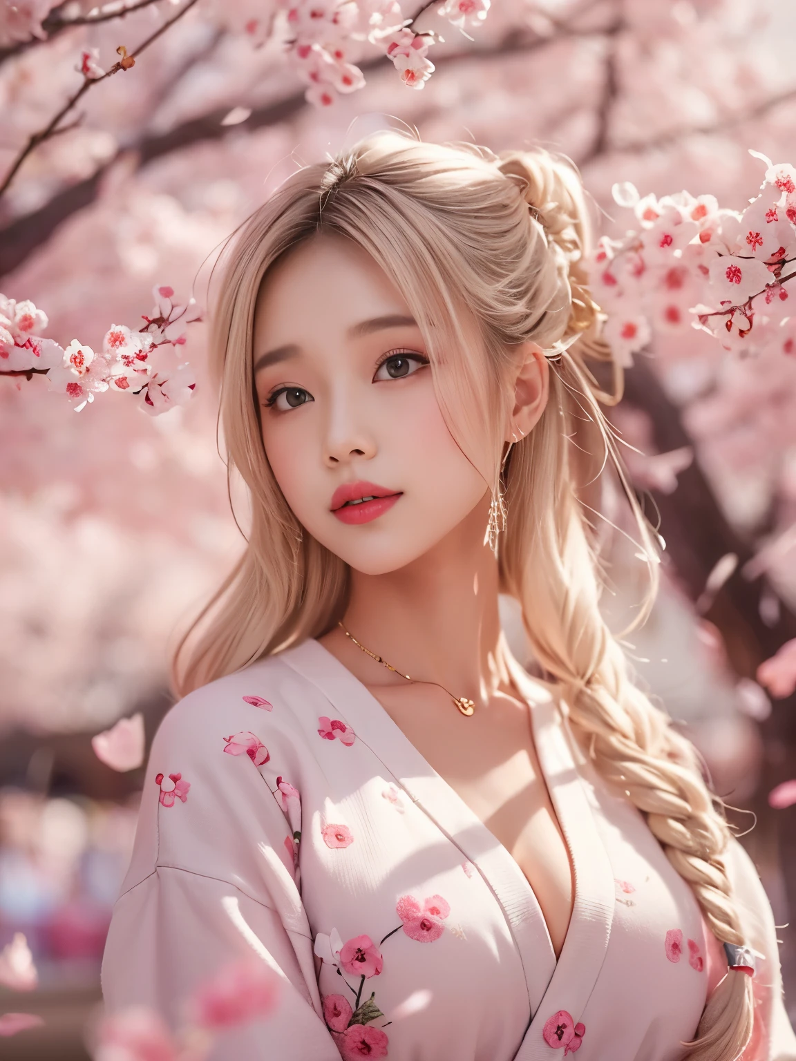 Sexy sweater，Eyes are very delicate，Beautiful girl with double braids，Under the cherry blossom trees，Sakura petals are flying all over the ground，Big ，Full body image