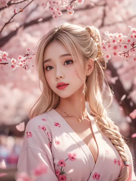 Sexy sweater，Eyes are very delicate，Beautiful girl with double braids，Under the cherry blossom trees，Sakura petals are flying al...