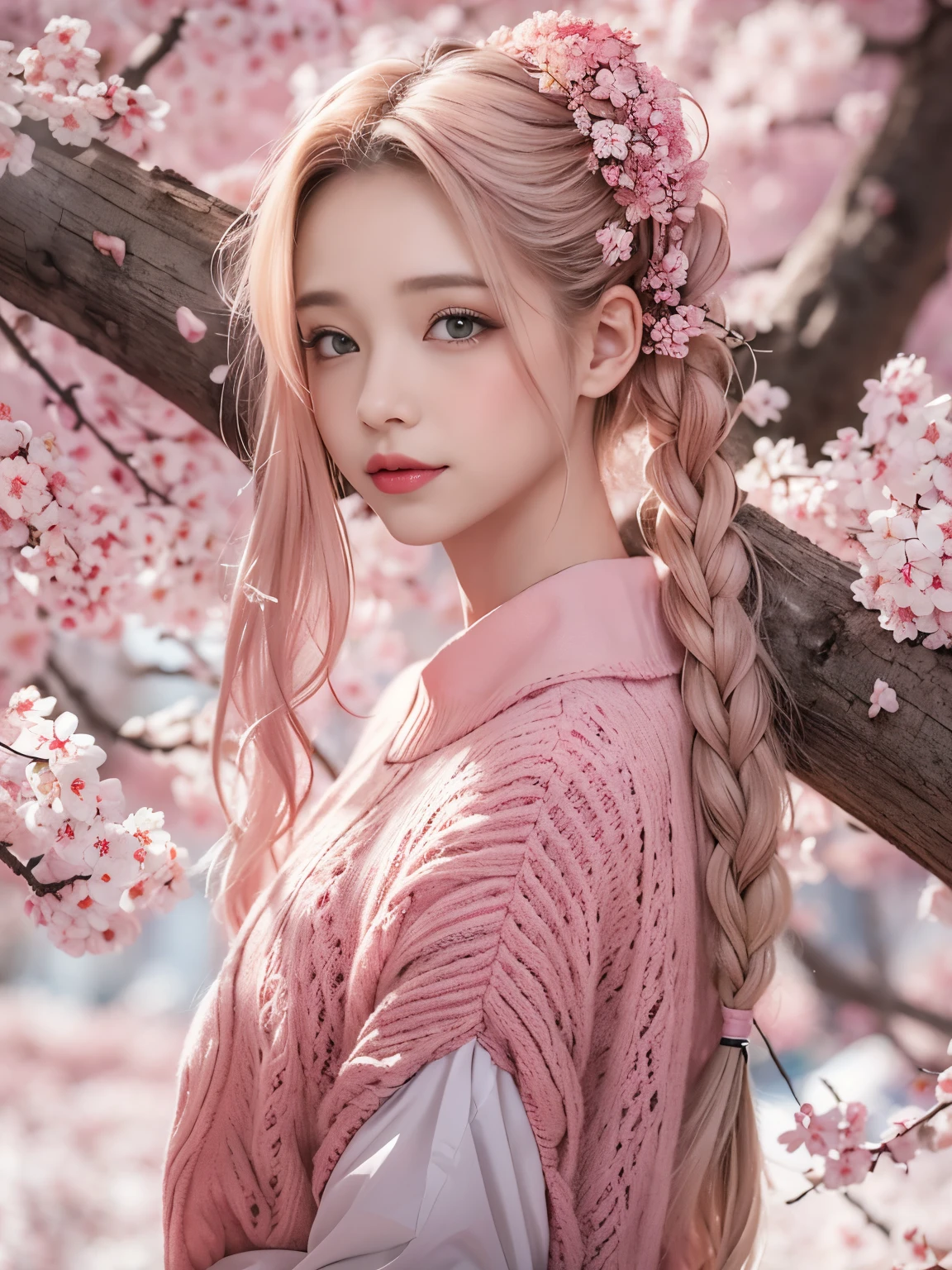 (masterpiece, best quality:1.2),Sexy sweater，Eyes are very delicate，Beautiful girl with double braids，Under the cherry blossom trees，Sakura petals are flying all over the ground，Dream style，Full body image