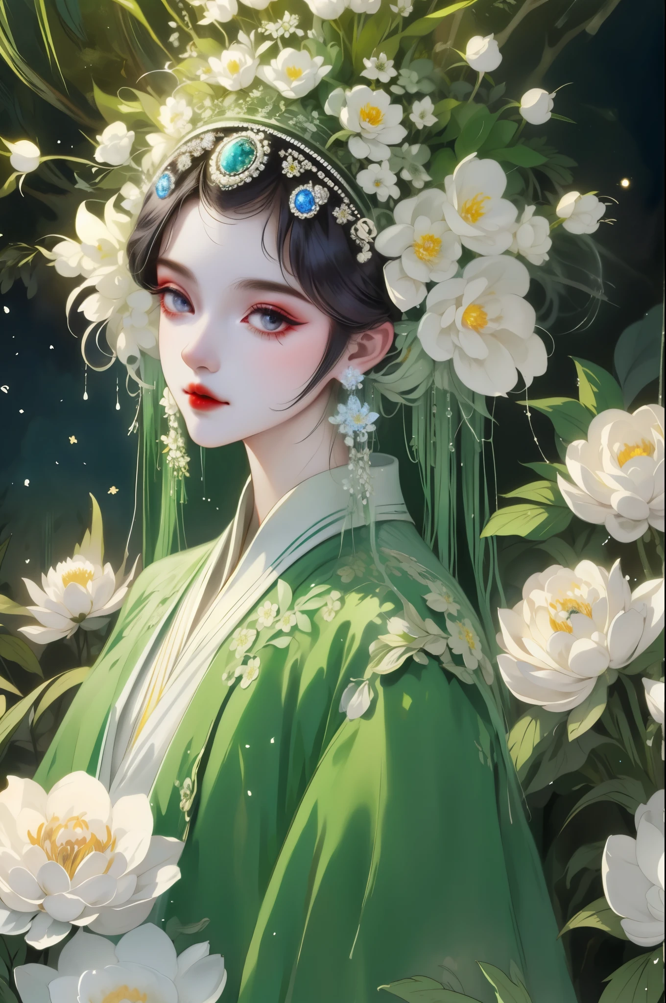 "queen of the forest，White peony, (masterpiece, best quality), (illustration), Strange fungal disease in dense forests, transparent viscous substance, Caustics, crystal, close up, intricate details, dark background, Sparkling spores, in the jungle，starlight，firefly