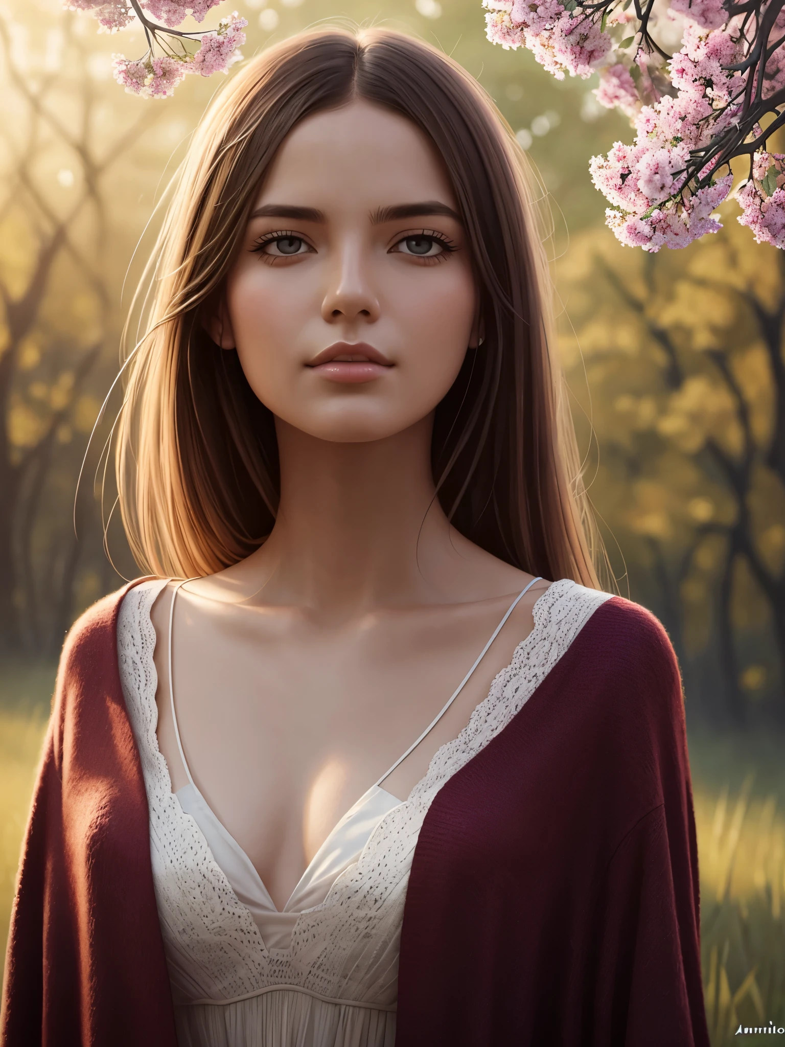 Portrait of a sweet woman in a bright windy field, River, (backlight), Realistic, Masterpiece, top quality, lens flare, shade, blossom, [[Chromatic aberration]], Jeremy Lipking, Antonio J.. Mansanedo, digital painting, Style-GlassFinal, natural skin texture